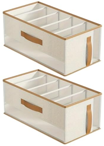 Temeemeg 2Pcs Closet Storage Baskets 5 Compartment Handbag Organizer Foldable Fabric Storage Bins with Clear Window for Clothes Purses Accessories Beige
