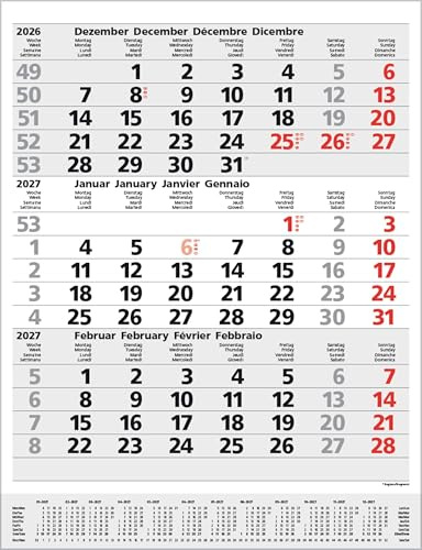 3-Monats-Planer Comfort Grau 2027: 3-Monatskalender groß I Wandplaner / Bürokalender mit Datumsschieber, Vor-und Nachmonat und Jahresübersicht I 30 x 39 cm