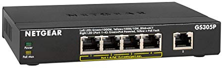 Netgear (GS305P 5 Port RJ45 PoE Gigabit Ethernet Switch (10/100/1000), RJ45 Switch with 4 PoE Ports@55W, Fanless Solid Metal Housing