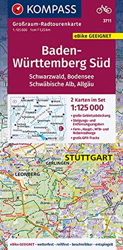 KOMPASS Großraum-Radtourenkarte 3711 Baden-Württemberg Süd, Schwarzwald, Bodensee, Schwäbische Alb, Allgäu 1:125.000: 2 Karten im Set, reiß- und ... (KOMPASS Großraum Fahrradkarte, Band 3711)