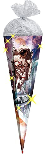 alles-meine.de GmbH LED Licht Effekt ! - Schultüte - Weltraum Astronaut - Space/Galactica - 85 cm - 6 eckig - Silber Glanz - Tüll Abschluß - mit Holzspitze - Zuckertüte -..