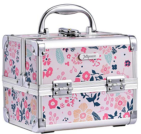 Joligrace Girls Makeup Box with Mirror Cosmetic Case Jewelry Organiser Light Weight Lockable with Keys (Beige Disty Florals)