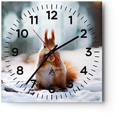 Modern Wanduhr Eichhörnchen Winter Schnee Essen 40x40cm Quadrat Groß Wand Uhr Glas Analog Zimmeruhren Küche Büro Wohnzimmer Glasuhr Wall Clock Dekoration Design Wanddekoration Küchenuhr C4AC40x40-2798
