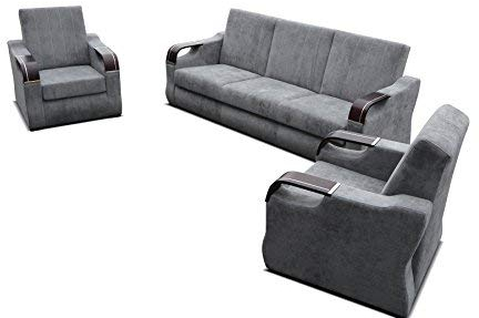 mb-moebel Polstergarnitur Sofa 3er & 2X Sessel 3-1-1 Möbel Set mit Bettkasten und Schlaffunktion Grau Clint 311