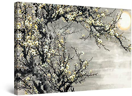 Startonight Bilder Gelb Blüht Weißen Dekor Baum, Leinwandbilder Moderne Kunst, Natur Wanddeko Kunstdrucke, Wandbilder XXL Wohnzimmer Groß Wand Bild 60 x 90 cm Tag Nacht Effekt Elegante Geschenkidee