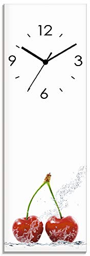 ARTLAND Wanddeko Wanduhr ohne Tickgeräusche Glas Funkuhr 20x60 cm Rechteckig Lautlos Obst Früchte Kirsche im Wasser Frucht Modern Food T5SO