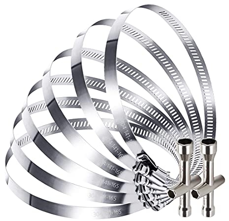 Collier Serrage Inox, HONGECB Ajustable Tuyau Clips, Réglable Collier Serrage en Inox, pour System de Ventilation, Applications Automobiles et Mécaniques, avec clé à douille, 6 pièces