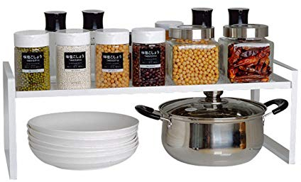 KZOBYD Erweiterbar Küchenregal, Faltbares Küchenschrank Regal Küchen Gewürzregal Organizer für Geschirr und Vorräte Stapelbarer Küchenablage Organizer für mehr Abstellfläche (Weiß, S)