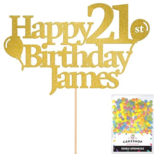 Personalised Happy Birthday Glitter Cake Topper with Balloons - Gold Any Name Age Glitter Cake Decoration and Sprinkles - Happy Birthday Decorations - Personalised Toppers for Cakes by Cakeshop