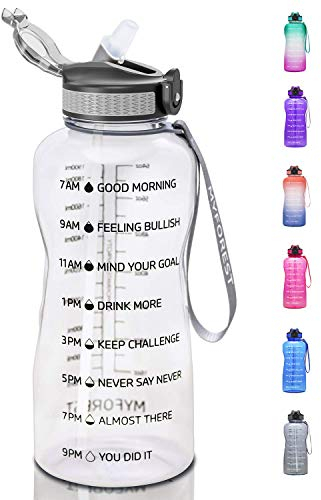 MYFOREST - Botella de agua (2200 ml, gran botella deportiva, 2,2 litros, 100% lavable en lavavajillas. Marcador de tiempo para hidratación motivacional, sin BPA, anti-caída, boquilla abatible