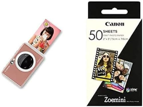 Canon Zoemini S Sofortbildkamera digital 8 MP (inkl. Mini Fotodrucker, Sucher, Ringblitz, Selfie Spiegel (36x24mm), Micro SD Kartenslot, 188g), Rose Gold & Zoemini Zink Fotopapier, 50 Blatt