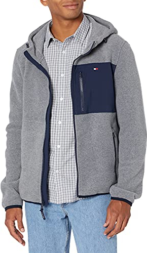 Tommy Hilfiger Giacca in Pile con Cappuccio Mixed Media, Grigio Chiaro/Navy Tecnica, XL Uomo