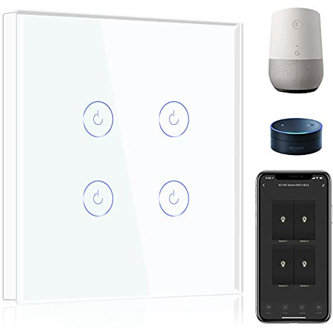 BSEED Smart Light Switch,Compatible with Alexa and Google Home,4 Gang 1 Way WiFi Touch Switch,2 Way or Multi-Way Control by SmartLife APP,White Alexa Switch with LED Indicator Light-Neutral Wire Need