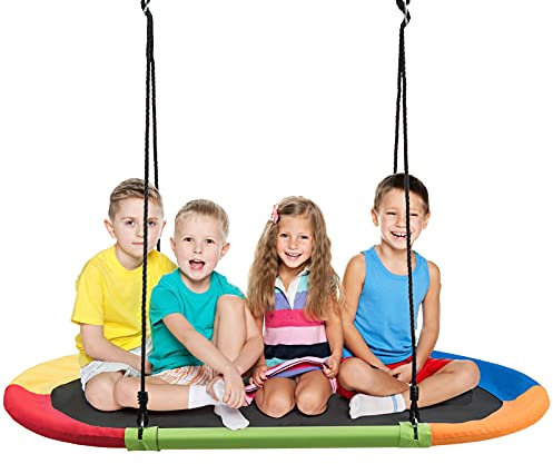 GOPLUS Balançoire Nid d’Oiseau Ovale 150x80cm en Tissu d’Oxford, Réglable en Hauteur 100-160CM, Cadre en Métal, Balançoire pour Intérieur et Extérieur, Charge Maximal 150KG (Coloré)