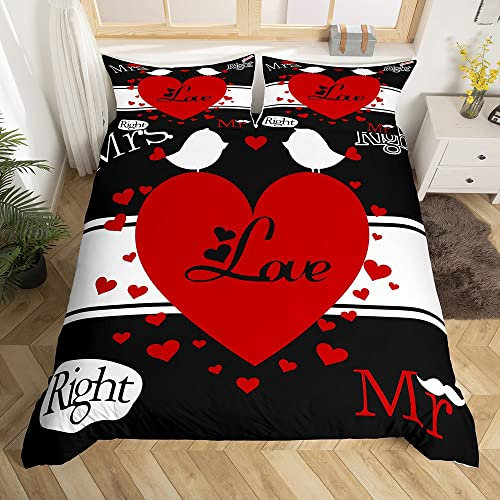 Mr Mrs Bettwaren & Bettwäsche Set, 220 x 240 cm, Couple His and Her Bettwäsche, Motiv: Love Men Women King and Queen Bettbezug, Room Decor, Rot, Schwarz, Weiß, Kreativ, Valentine Day Gift Collection