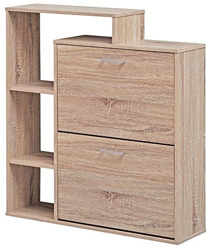 Moderner Schuhkipper MASSA Holz 2 Fächer Sonoma Eiche 12 Paar Schuhe | Schuhschrank 85 x 24 x 93 cm | Schuhkommode Flur mit Ablage Regal