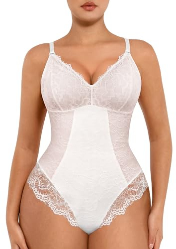 FeelinGirl Body Shaper Lace Bodysuit for Women Tummy Control Shapewear V Neck Backless Tank Tops One Piece Body Shaper Thongs White S