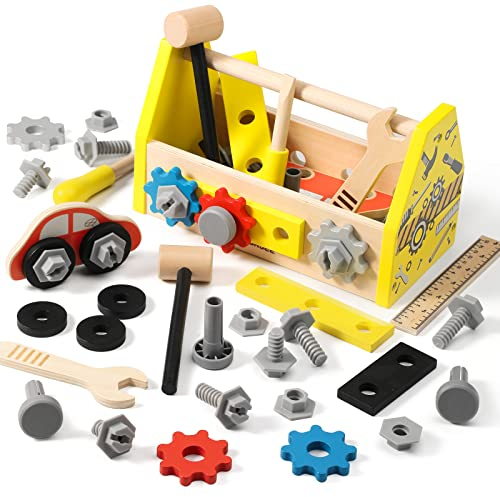 Dorjee - D3.402-1 - My wooden toolbox - contains 33 pieces for crafting in a wooden box from 3 years old - yellow.