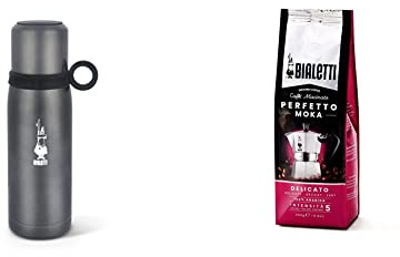 Bialetti To Go Bottiglia Termica con Coperchio-Tazza, con Doppia Parete, Mantiene Il Caldo per 12 h e Il Freddo per 24 h, Capacità 460 ml, Acciaio, Grigio Scuro & Perfetto Moka Caffè Macinato