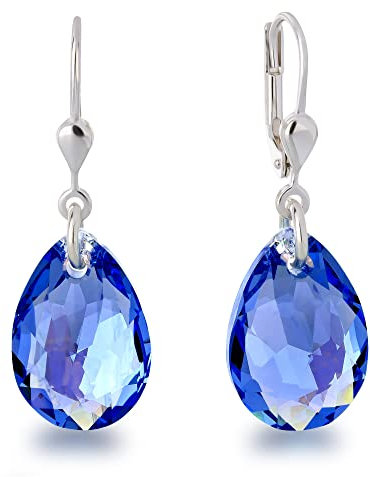 Schöner-SD 925 Silber Ohrringe Tropfen Kristall 16mm Saphir-Blau