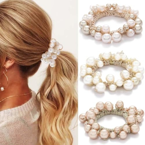 Fashey Pearl Hair Scrunchies Beaded Hair Ties Elastic Hair Bands Ponytail Holder Hair Accessories for Women and Girls(Pack of 3)