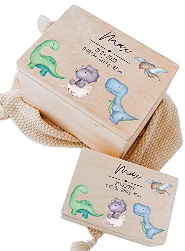 wunderwunsch - Personalisierte Erinnerungsbox Baby mit Hochwertigem UV-Farbdruck (Dinos unten, S-Klappdeckel)