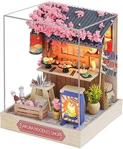 Kit fai da te in miniatura per casa delle bambole con mobili, scala 1:24, camera creativa, mini casa delle bambole in legno, antipolvere, per bambini, adolescenti, adulti (Sakura Noodle Shop)