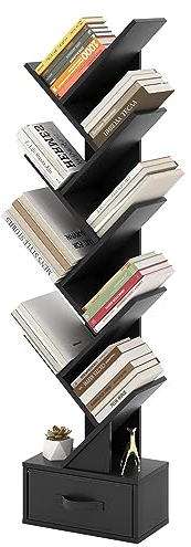 GOPLUS Bücherregal in Baumform, 10-stöckiges Standregal mit Schublade, Lagerregal Raumteiler Regal CD und DVD Regal für Wohnzimmer, Büro, Schlafzimmer, 38 x 20 x 149,5 cm (Schwarz)