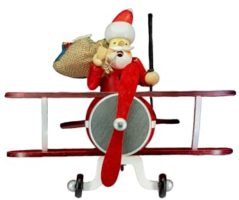Kaladia Räuchermännchen/Räucherfigur aus Holz - Weihnachtsmann im Flugzeug - für Räucherkerzen Größe M - Größe: ca. 18 cm