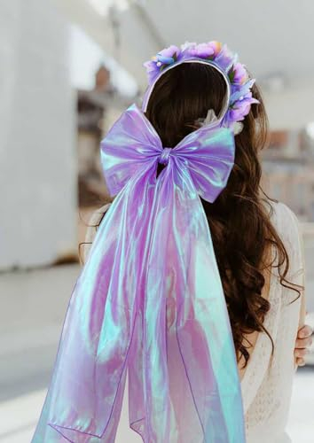 Edary Fasce per capelli con fiore e fiocco in tulle viola con luci a LED, corona di farfalle lampeggianti, accessorio per capelli per feste e feste