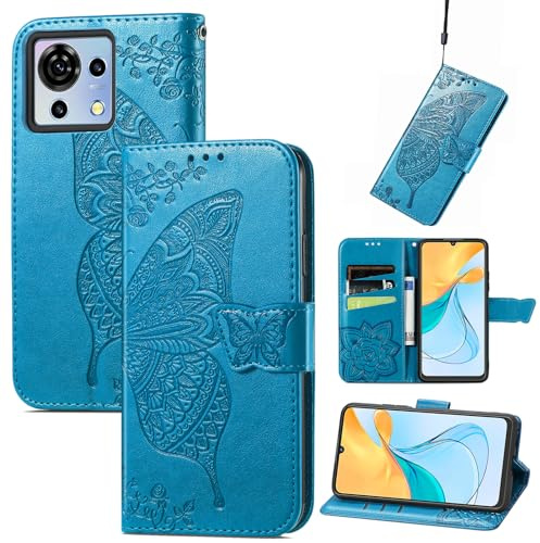 JIUNINE Hülle für ZTE Blade V50 Vita, Handyhülle Leder Flip Case mit Schmetterling Muster [Kartenfach] [Magnetverschluss] Schutzhülle Tasche Cover Lederhülle für ZTE Blade V50 Vita, Blau