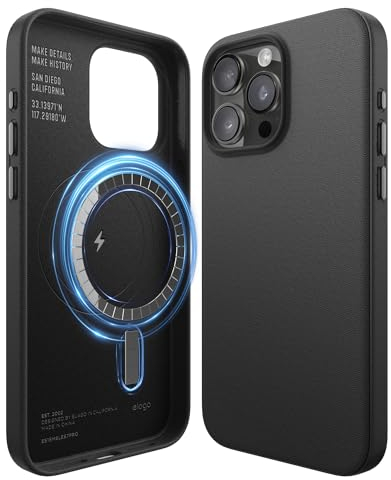 elago Magnetische Lederhülle Kompatibel mit iPhone 15 Pro Max Hülle, Kompatibel mit MagSafe, Premium Veganes PU-Leder, Integrierte Starke Magnete, Rundumschutz [5-Lagen-Struktur] (Schwarz)