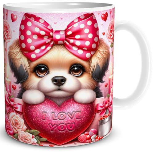 TRIOSK Tasse Valentinstag Hund mit Herz I Love You Spruch Ich liebe Dich Geschenk Tierliebe für Sie Frauen Freundin Hundeliebhaber, Keramik 300ml