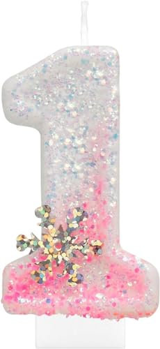 Flocon Bougies Anniversaire 1,Rose et Blanches de Neige Paillettes Bougie Chiffre,bougie d'anniversaire pour gâteau,enfant bougies d'anniversaire,décorations de gâteau pour fête d'anniversaire