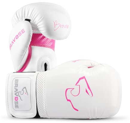 BRAVOSE Alpha Strap Boxing Gloves Mens, Women for Entry Level Boxers for Punching Bag Training & Sparring MMA Kick Boxing Muay Thai Made By Premium PU Leather Ventilated Palm (White Pink, 14 Oz)