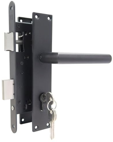 SET: Serrure à encastrer pour porte de jardin/LI avec poignées en acier inoxydable + bouclier de porte et 3 clés de sécurité - Noir