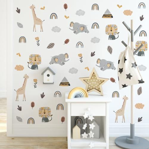 GHELKUC Wandaufkleber Kinderzimmer,Safari Wandsticker,Tiere Löwe Elefant Giraffe Selbstklebend Wandtattoo Wanddeko für Schlafzimmer Wohnzimmer Kindergarten