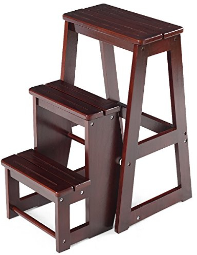 Generisch Fußbank Dreistufiger Tritthocker Klapptritte Trittleiter aus Holz Klapptreppenstuhl Leiterstuhl Hockerleiter Klappstuhl Trittstuhl Haushaltstritt mit 3 Stufen (Walnuss)