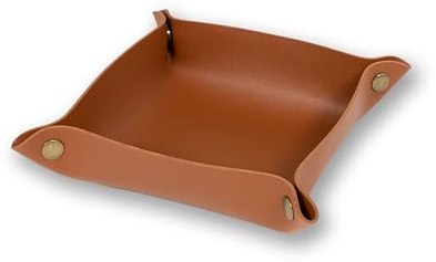 Tablett aus Kunstleder | 15 x 15 cm Ablage mit Knopf | Taschenleerer, Schlüsselschale, Aufbewahrung, Organizer, Dekoschale, Würfelteller, Würfeltablett für Pen & Paper (Braun)