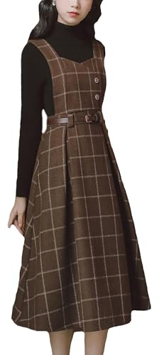 Cuteighteen Sleeveless Plaid Belted Dress for Women Fall Winter Wool Elegant Midi Overall Pinafore Apron Dress (US, Alpha, Small, Regular, Regular, Brown)
