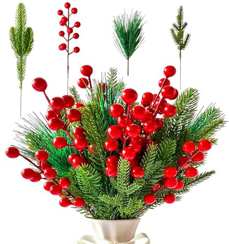 60 Stück Tannenzweige Künstlich Wie Echt,Weihnachten Künstliche Tannenzweige Rote Beeren Gefälschte Kiefernzweige Kiefernnadel Tannennadeln für DIY Adventskranz Kranz, Girlande Weihnachten Deko