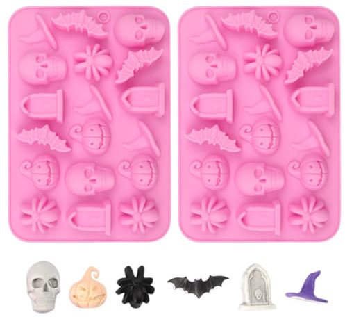 Moule Silicone Halloween Pour Cuisson, 2Pcs 18 cavités en silicone moule à fondant, Moule à chocolat à Gâteaux d'Halloween en forme de citrouille, chapeau de sorcière, chauve souris, tombale, araignée