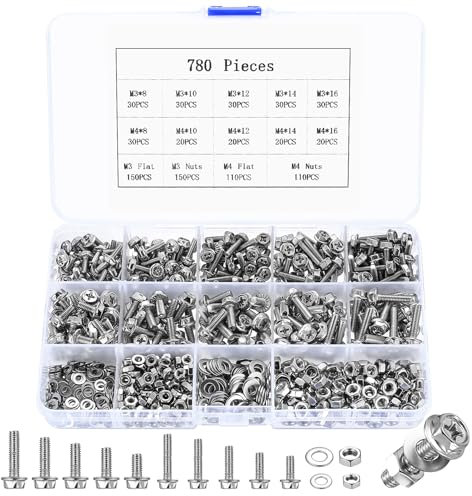 780 Pcs M3 M4 Assorted Bolts and Nuts Set, Machine Screws Nuts Set with Washers Set, Cross Hex Flange Bolts Set, Phillips Hexagon Head Flange Bolt Washers Set