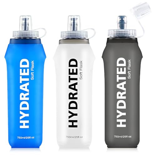 SLUXKE Faltbare Trinkflasche 3 Pack, Kollabierbare Wasserflasche TPU Soft Flask 750 ml, Tragbare Sport Trinkflasche BPA Frei zum Wandern Joggen Camping Fitness Radfahren Klettern