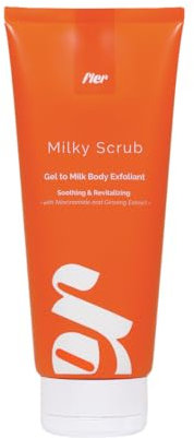 Fler Milky Scrub - Körperpeeling für empfindliche Haut, Gel to Milk mit Niacinamid, Ginseng und Ringelblume, Ideal vor der Haarentfernung, Sanftes Peeling mit Bimsstein - 200 ml
