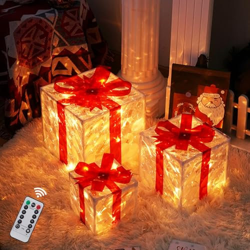 Weihnachtsdeko Geschenkbox mit LED Licht, 3 Stück Weihnachten Beleuchtete Geschenkboxen mit Schleife, Weihnachtsbeleuchtung Weihnachtsdekoration Beleuchtete Boxen für Weihnachtsdeko Innen Aussen (B)