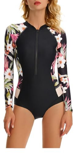 Kuukaas Long Sleeve Swimsuits for Women Zip Front Swimsuit Women Floral One Piece Swimsuits Long Sleeve Rash Guard Swimwear Bathing Suit L