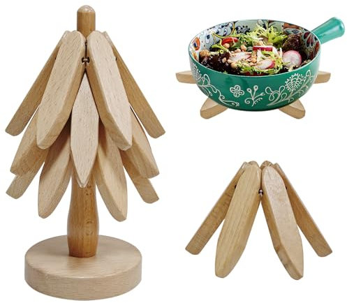 Bukuhlio Dessous de Plat en Bois pour Plats Chauds, sous-Verres en Forme d’Arbre (3 sous-Verres en Bois+1 Support), sous-Verres en Forme de Sapin de Noël pour Boissons (Couleur Bois)