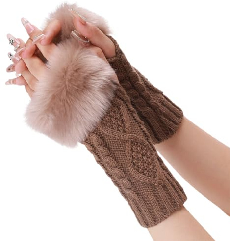 CABODYALS 2 Paar Pelzige Armstulpen Fingerlose Handschuhe Weich Flauschig Gestrickt Khakifarben Mit Daumenlöchern Handschuhe Für Den Winter Gehäkelt Kunstpelz Strickhandschuhe Zum Handgelenk Armmansch