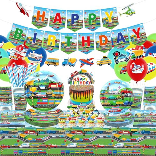 Transportation Birthday Party Decorations - Transportation Party Supplies, Plates Cups Napkins Tablecloth Happy Birthday Banner Balloon Cake Toppers for Truck Cars Construction Supplies